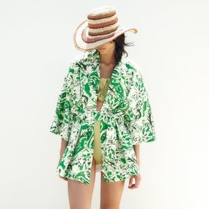 Zara Linen Blend Printed Kimono Jacket